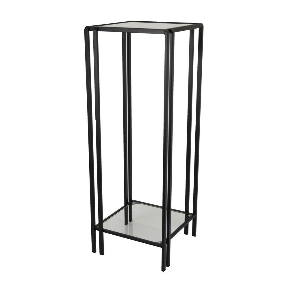 Buckley Plant Stand Table, Black Metal, Square Mirrored Top, 34 Inch