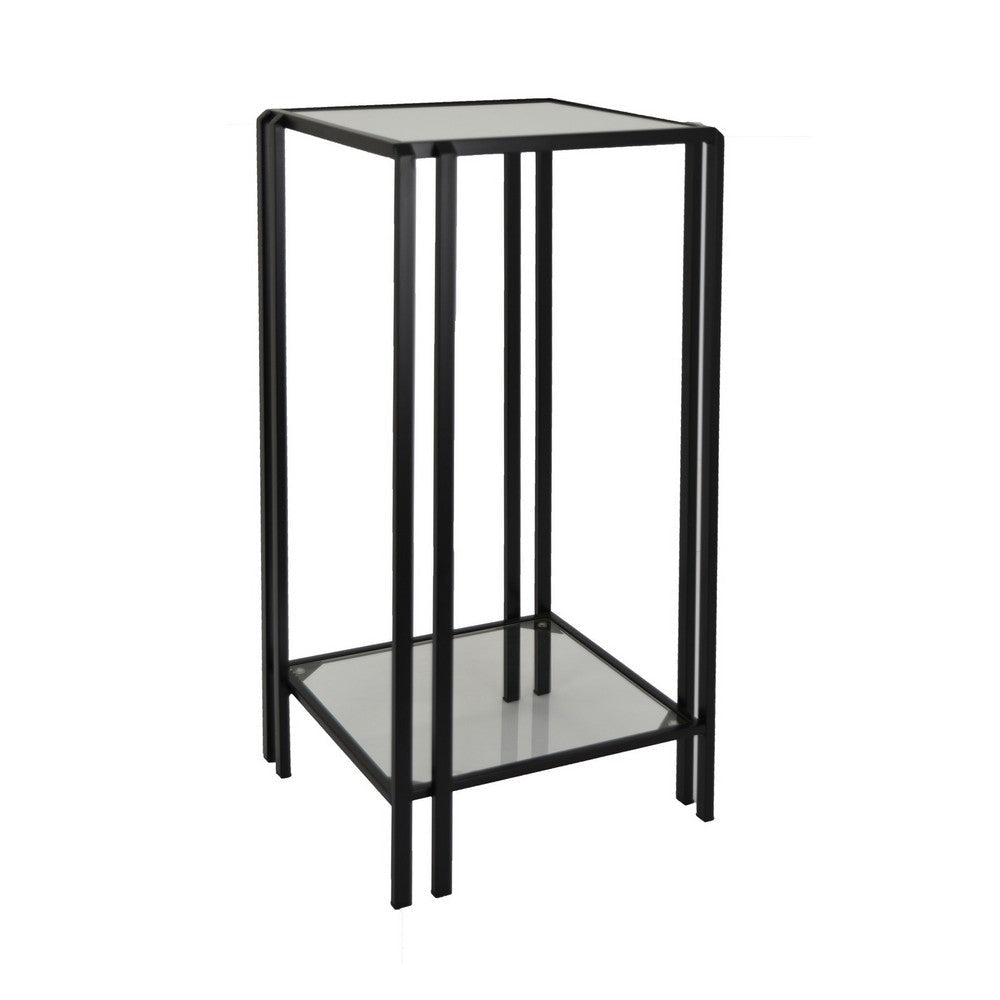 Buckley Plant Stand Table, Black Metal, Square Mirrored Top, 28 Inch