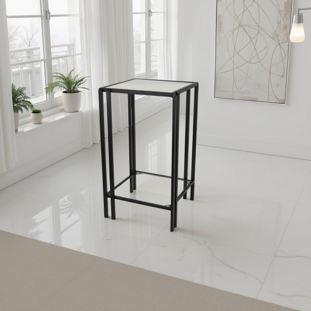 Buckley Plant Stand Table, Black Metal, Square Mirrored Top, 22 Inch