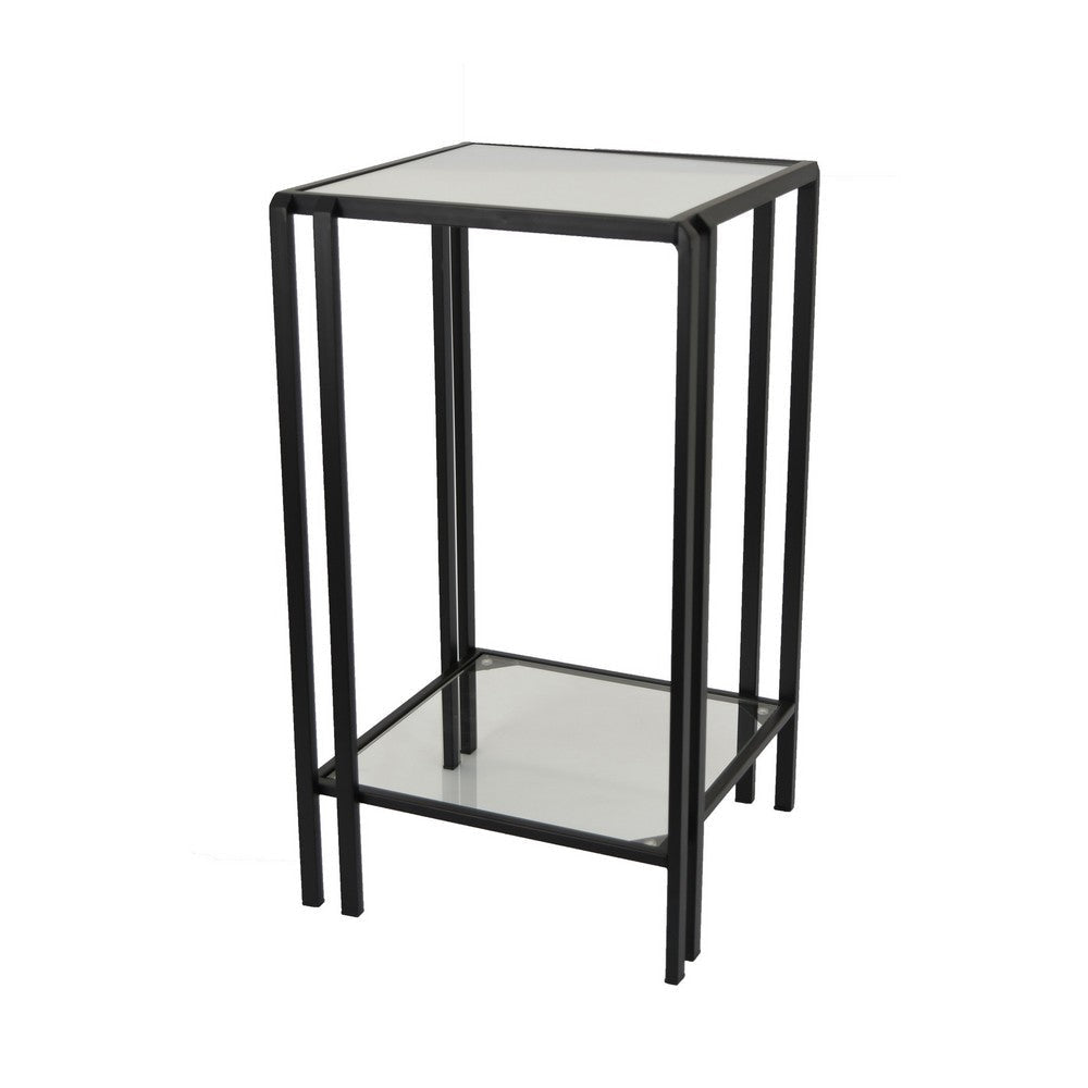 Buckley Plant Stand Table, Black Metal, Square Mirrored Top, 22 Inch