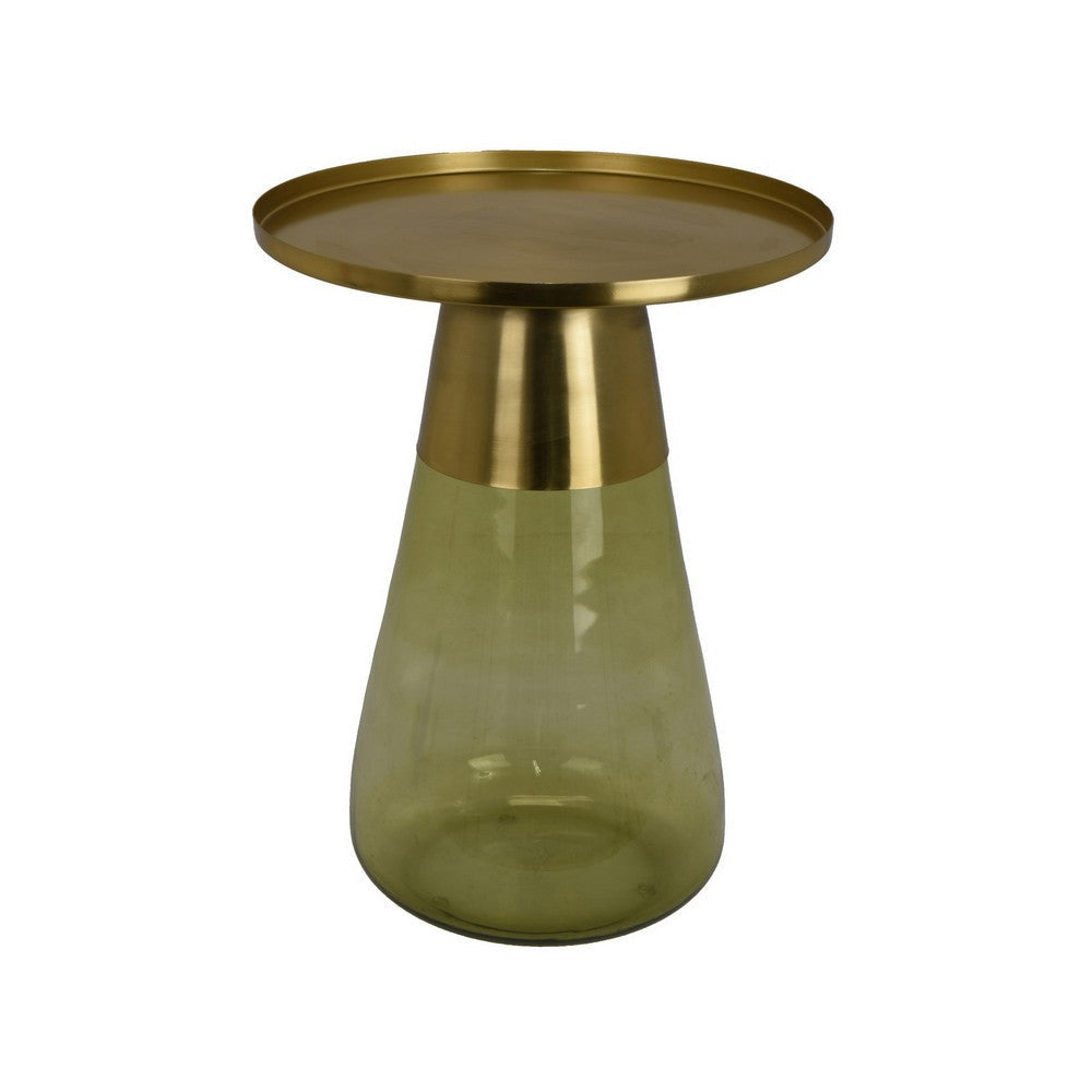 Palio Plant Stand Accent Table, Round Gold Metal, Green Glass Tapered
