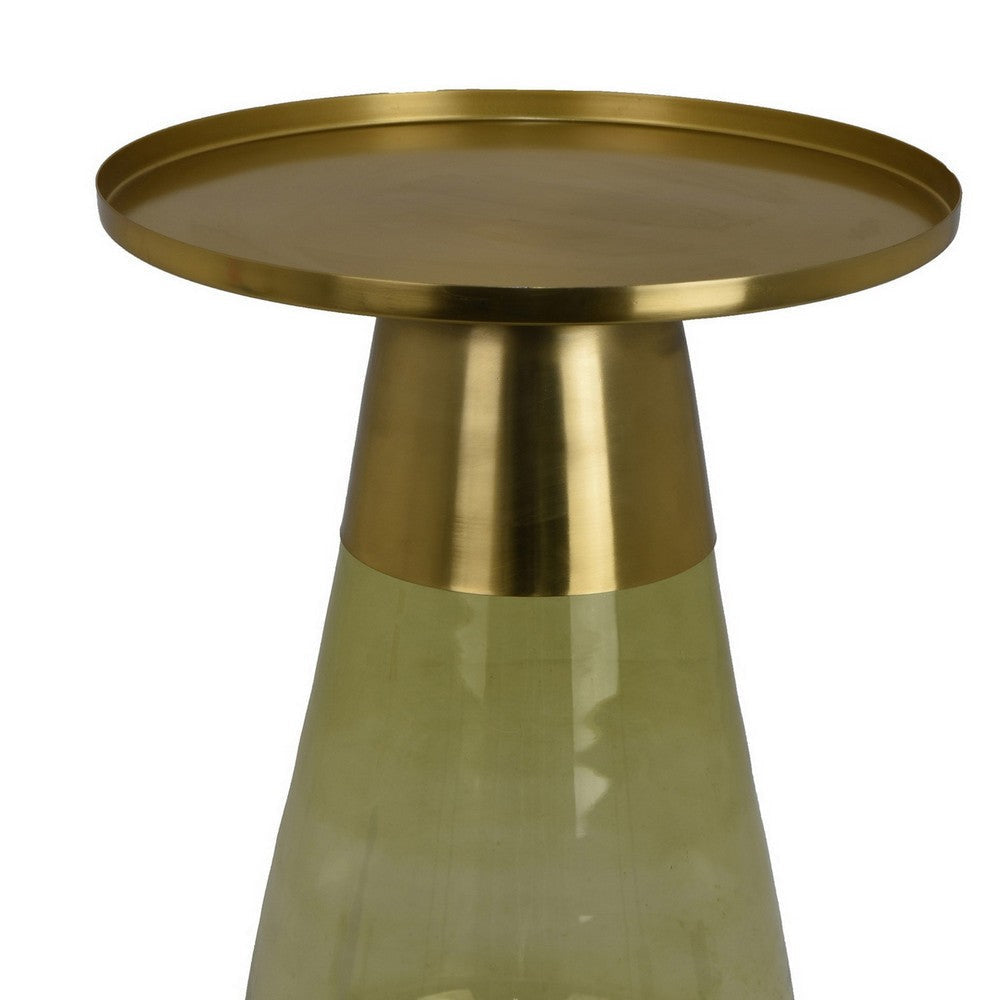 Palio Plant Stand Accent Table Round Gold Metal Green Glass Tapered