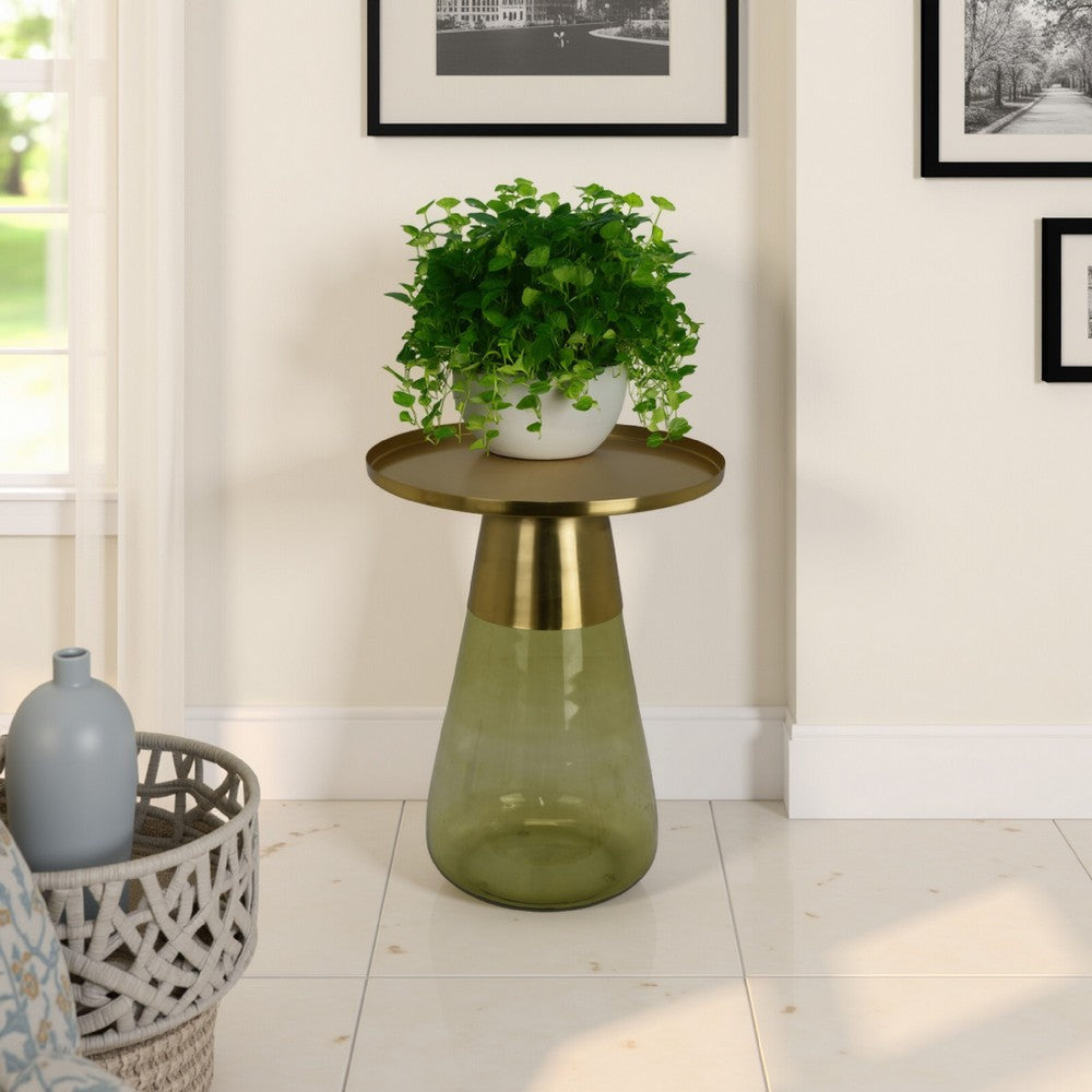 Palio Plant Stand Accent Table, Round Gold Metal, Green Glass Tapered