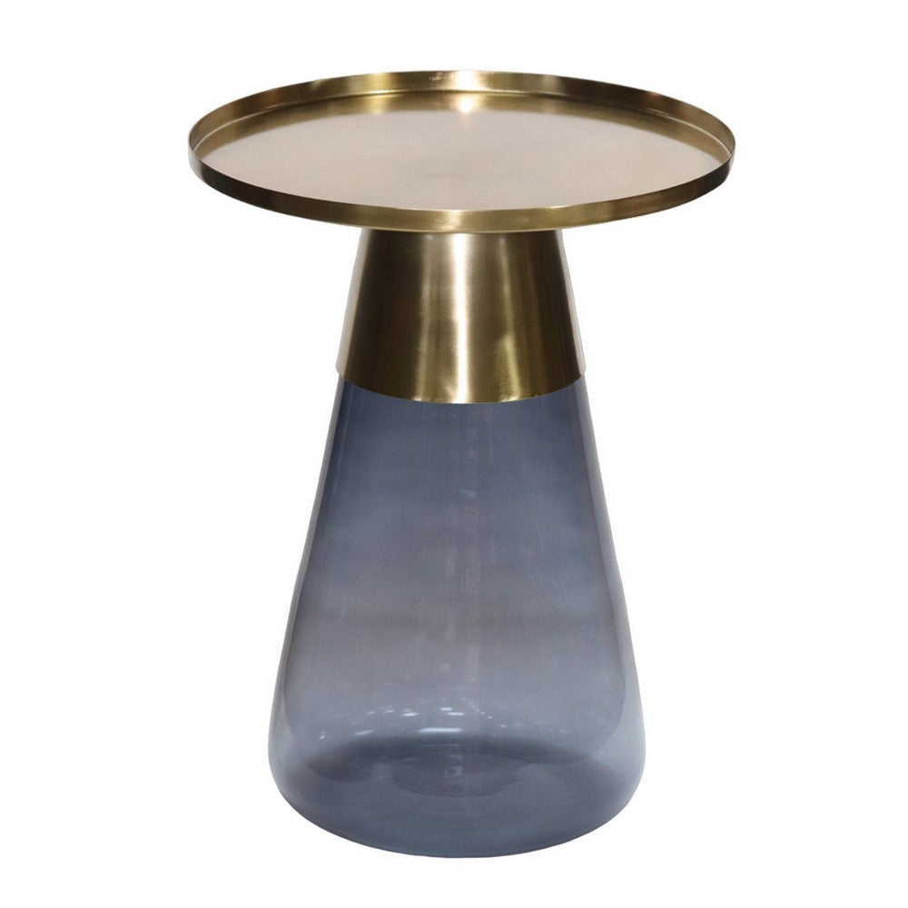 Palio Plant Stand Table, Round Gold Metal Top, Blue Glass Tapered Base