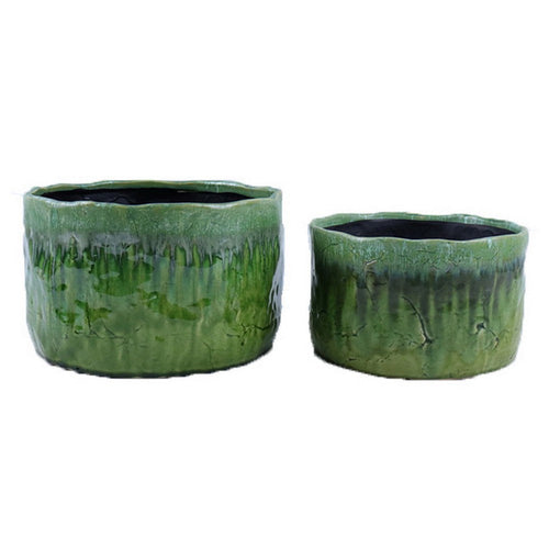 Foy Wide Planter Set of 2, Two Tone Green Ceramic, Round, Modern Style
