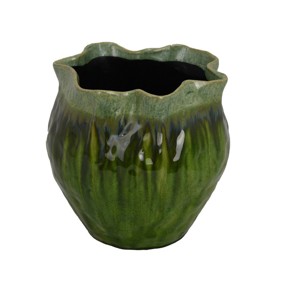 Balie Accent Vase, Green Ceramic Irregular Top Edge, Modern 10 Inch