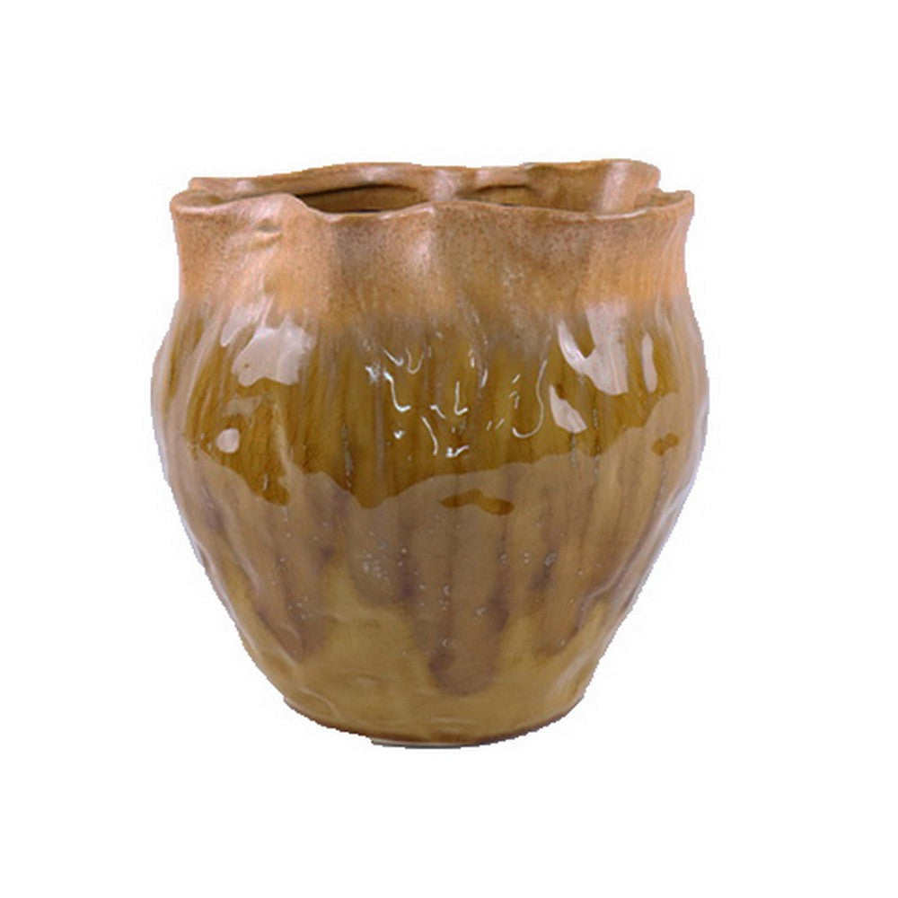 Balie Accent Vase, Brown Ceramic, Irregular Top Edge, Modern 10 Inch