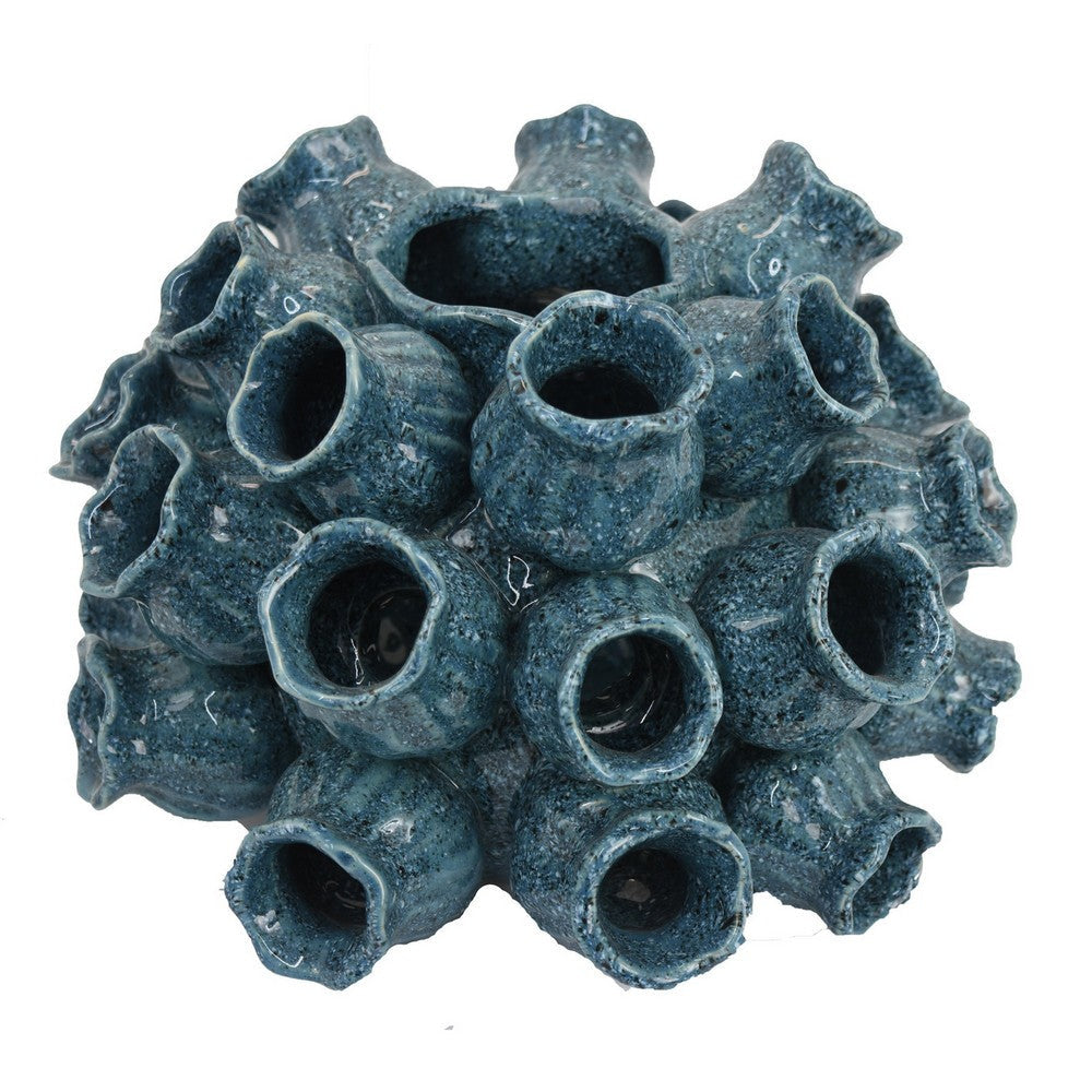 Coral Accent Vase, Dark Blue Ceramic Finish, Coastal Design, 11 Inch