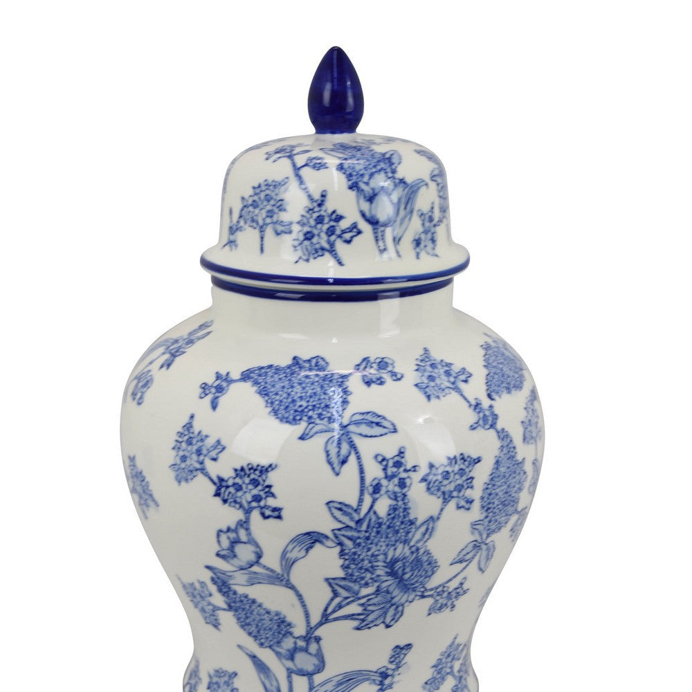 Temple Jar Blue Floral Design White Ceramic Vintage Style 16 Inch BM331042