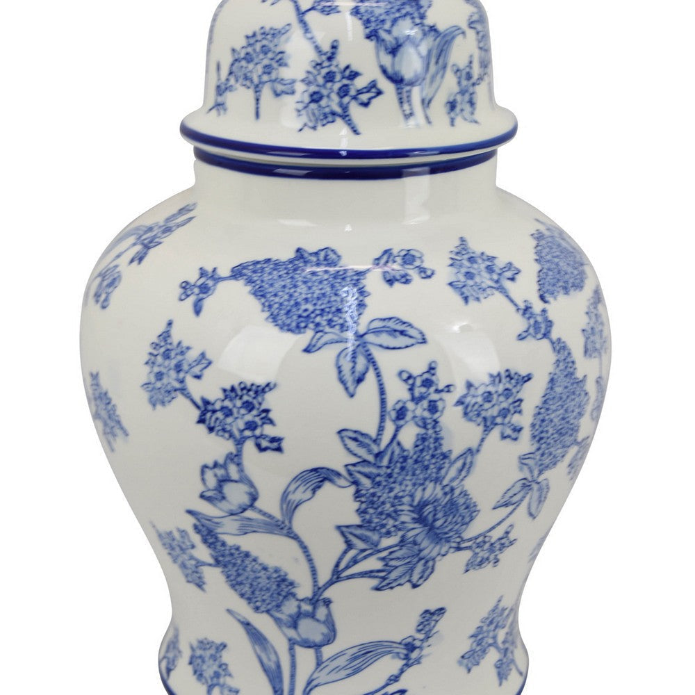 Temple Jar Blue Floral Design White Ceramic Vintage Style 16 Inch BM331042