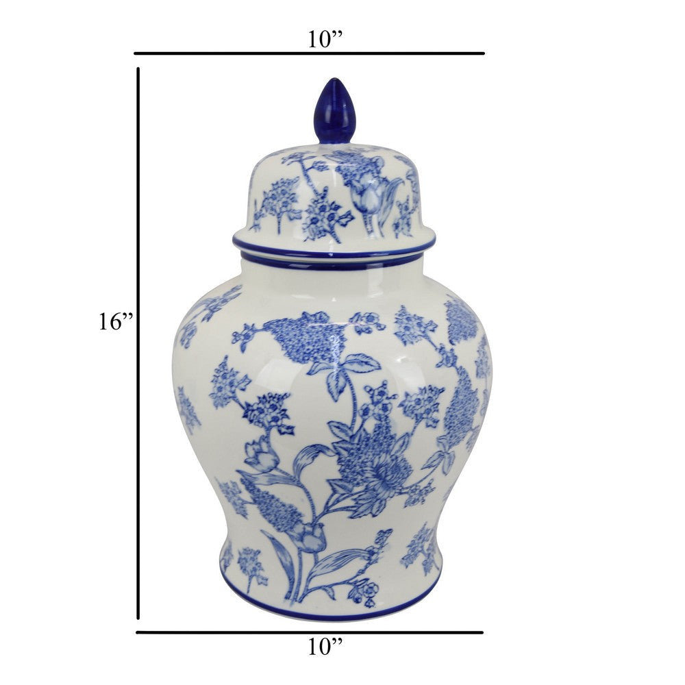 Temple Jar Blue Floral Design White Ceramic Vintage Style 16 Inch BM331042