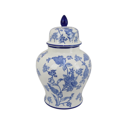 Temple Jar, Blue Floral Design, White Ceramic, Vintage Style, 16 Inch