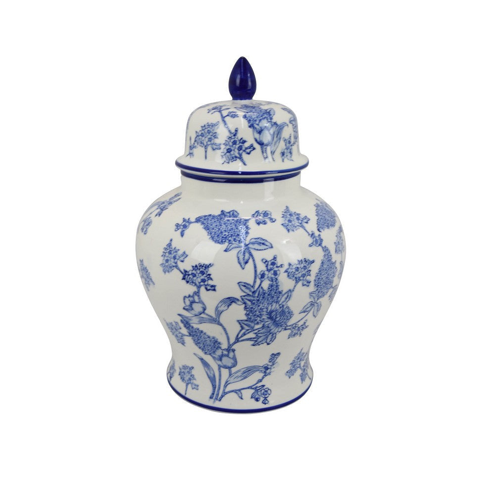 Temple Jar, Blue Floral Design, White Ceramic, Vintage Style, 16 Inch