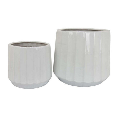 Fusie Planter Set of 2, Round, White Finish Ceramic, Vertical Faceted