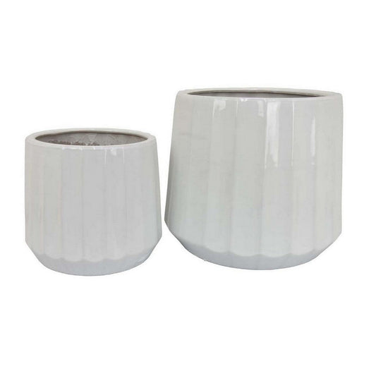 Fusie Planter Set of 2, Round, White Finish Ceramic, Vertical Faceted