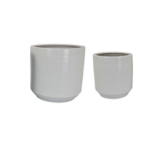 Fusie Planter Set of 2, Round, White Ceramic, Horizontal Texture
