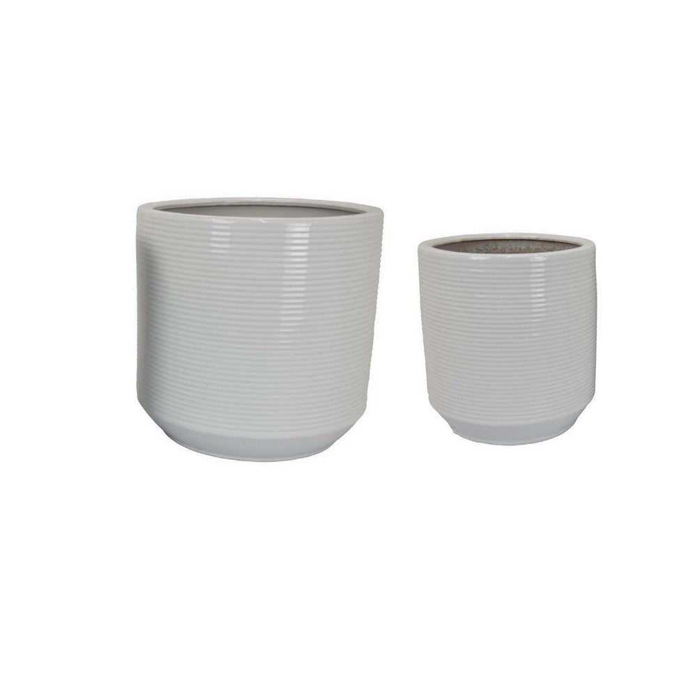 Fusie Planter Set of 2, Round, White Ceramic, Horizontal Texture