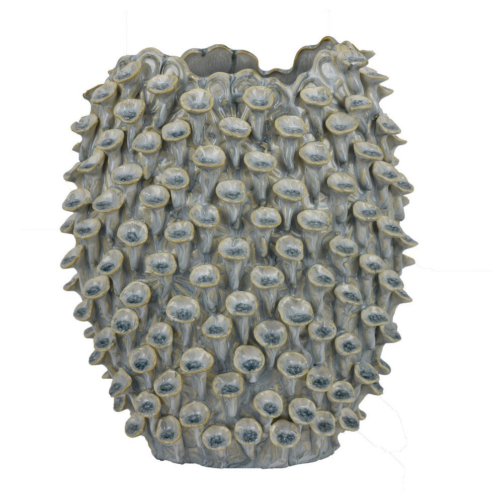 Nina Decorative Bowl, Light Blue, Textured Coral Gray Ceramic, 13 Inch