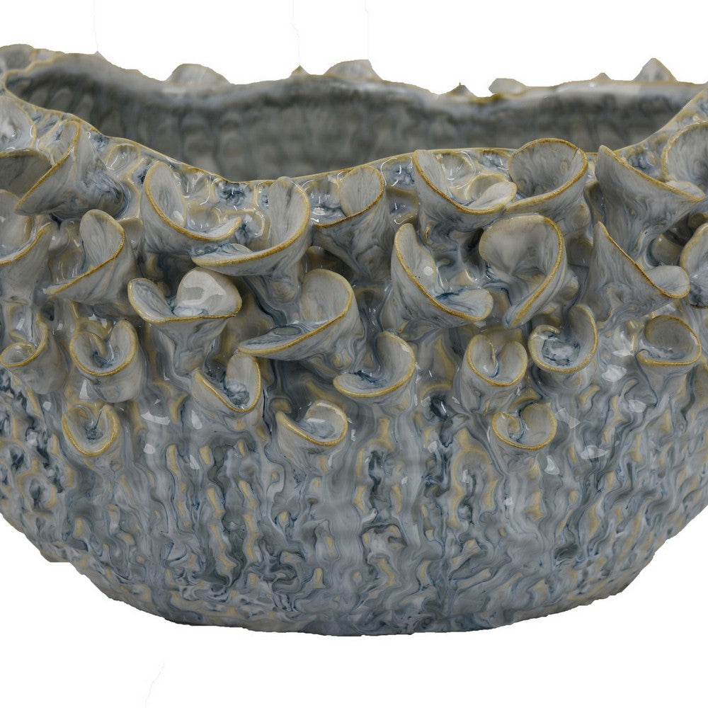 Nina Decorative Bowl Light Blue Textured Floral Gray Ceramic 13 Inch