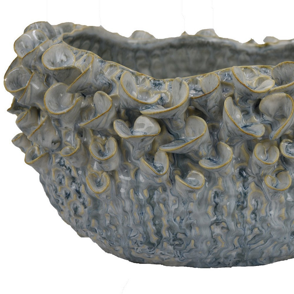 Nina Decorative Bowl Light Blue Textured Floral Gray Ceramic 13 Inch