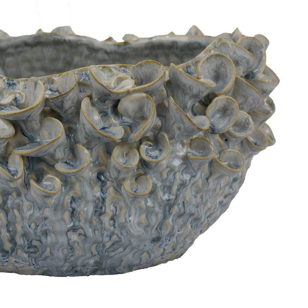 Nina Decorative Bowl Light Blue Textured Floral Gray Ceramic 13 Inch
