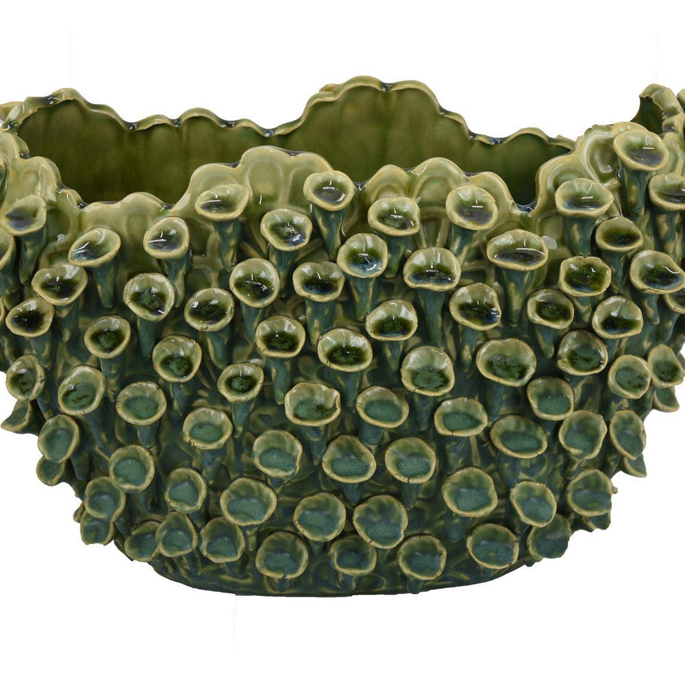 Nina Decorative Bowl Textured Green Ceramic Abstract Coral 14 Inch