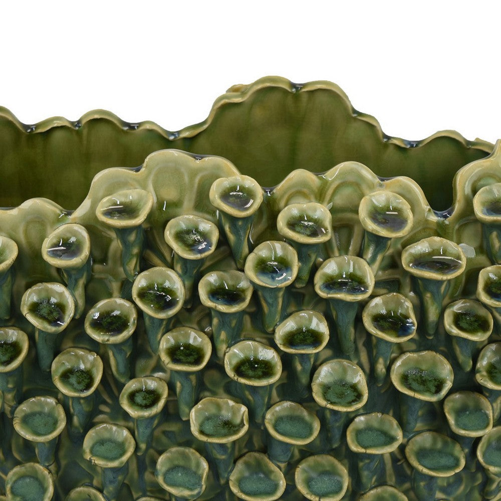 Nina Decorative Bowl Textured Green Ceramic Abstract Coral 14 Inch