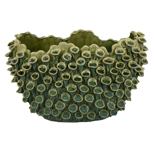 Nina Decorative Bowl, Textured Green Ceramic, Abstract Coral 14 Inch