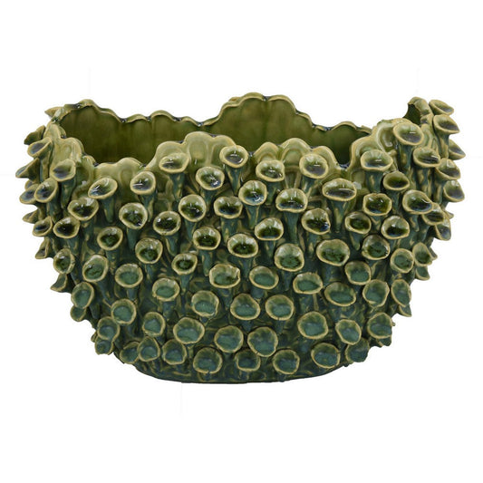 Nina Decorative Bowl, Textured Green Ceramic, Abstract Coral 14 Inch