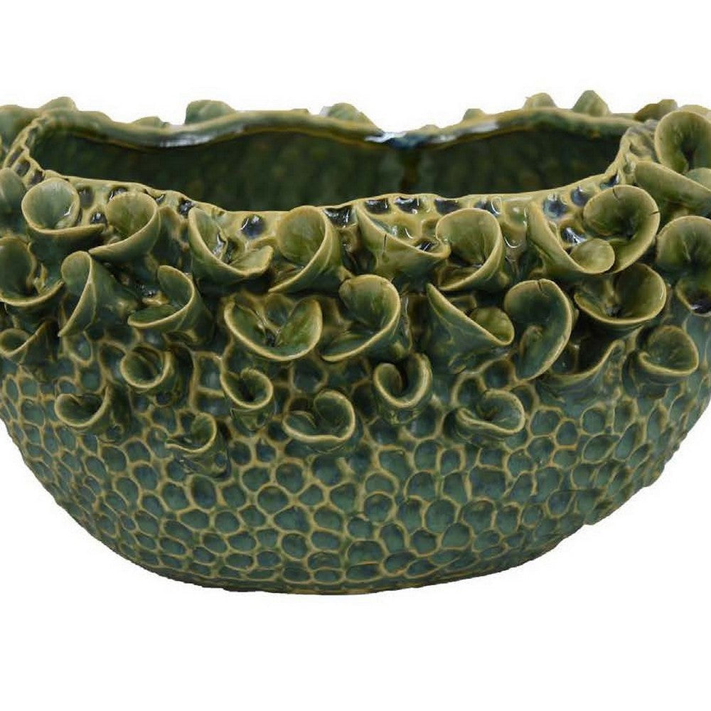 Nina Decorative Bowl Textured Green Ceramic Abstract Floral 13 Inch