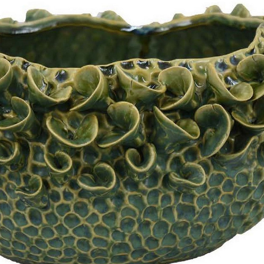 Nina Decorative Bowl Textured Green Ceramic Abstract Floral 13 Inch