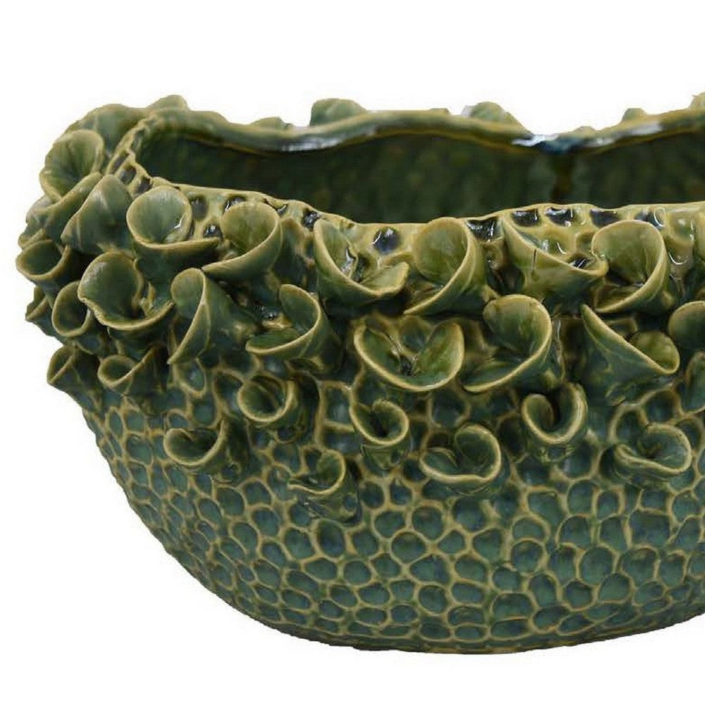 Nina Decorative Bowl Textured Green Ceramic Abstract Floral 13 Inch