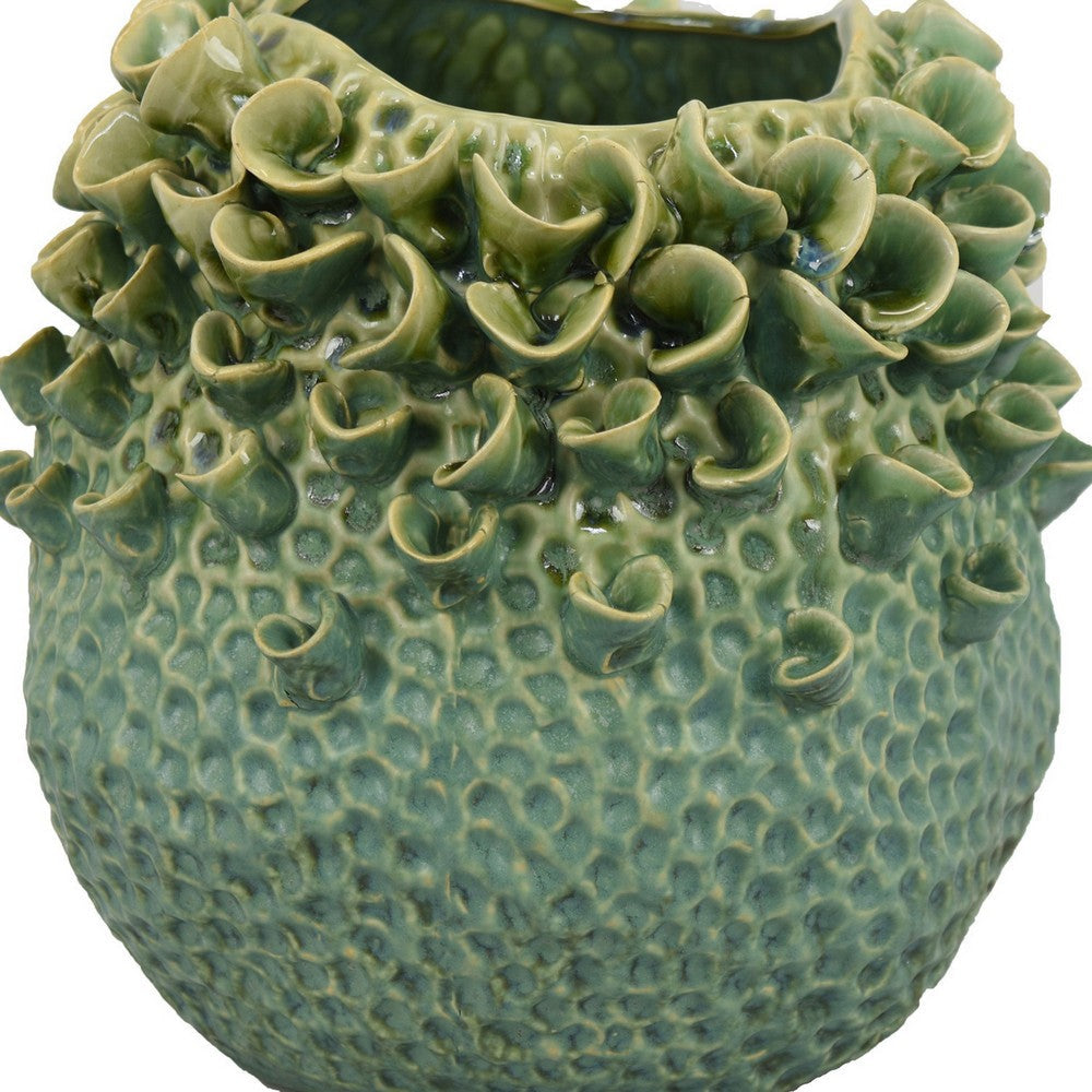 Nina Vase Green Ceramic Textured Accents Abstract Floral 11 Inch BM331055