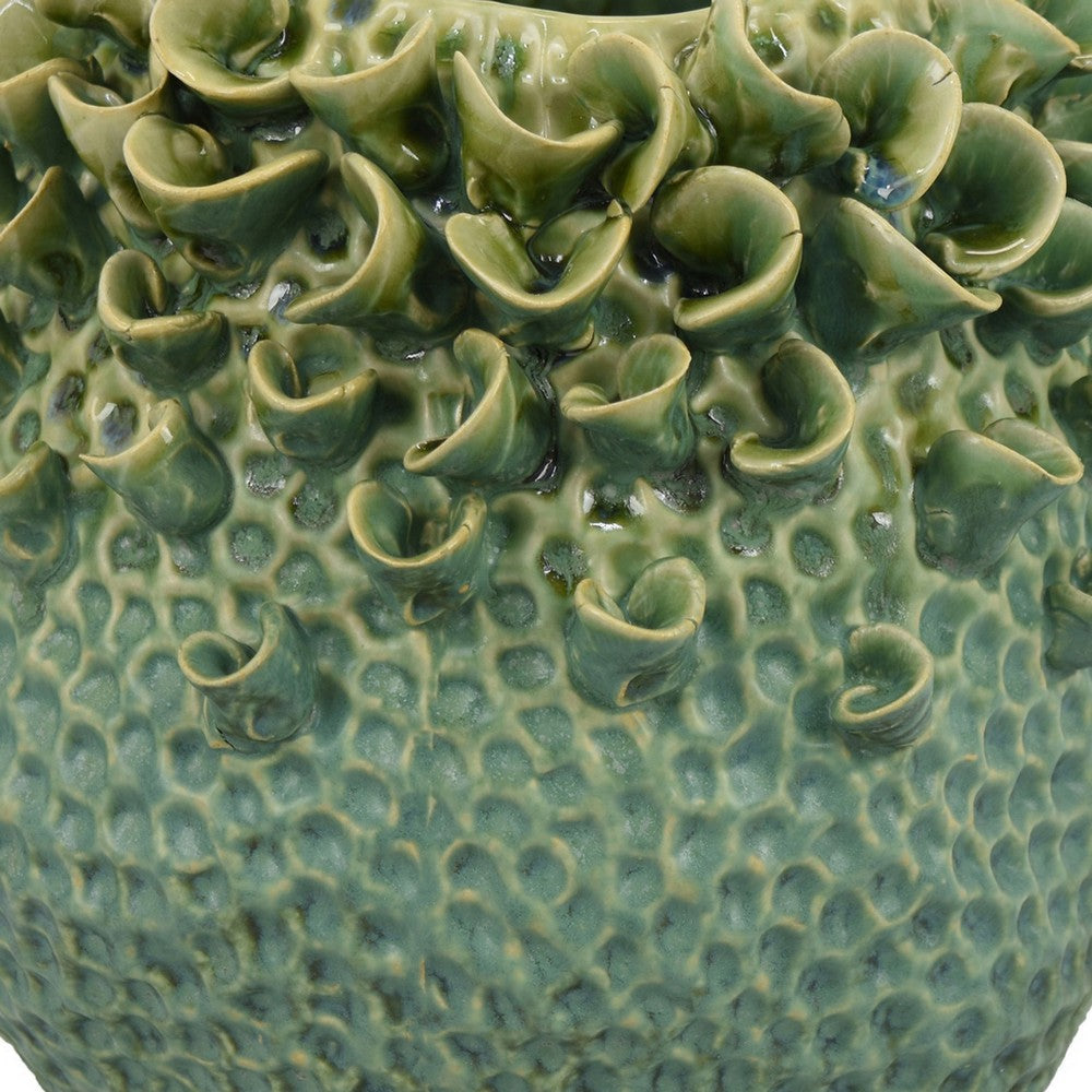 Nina Vase Green Ceramic Textured Accents Abstract Floral 11 Inch BM331055