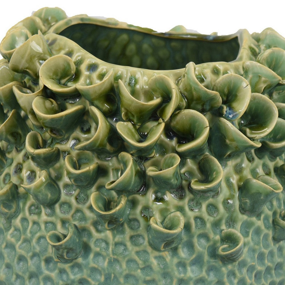 Nina Vase Green Ceramic Textured Accents Abstract Floral 11 Inch BM331055