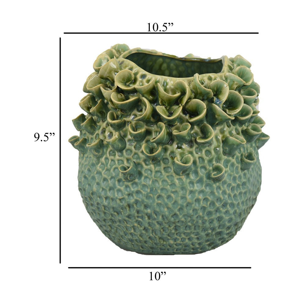 Nina Vase Green Ceramic Textured Accents Abstract Floral 11 Inch BM331055