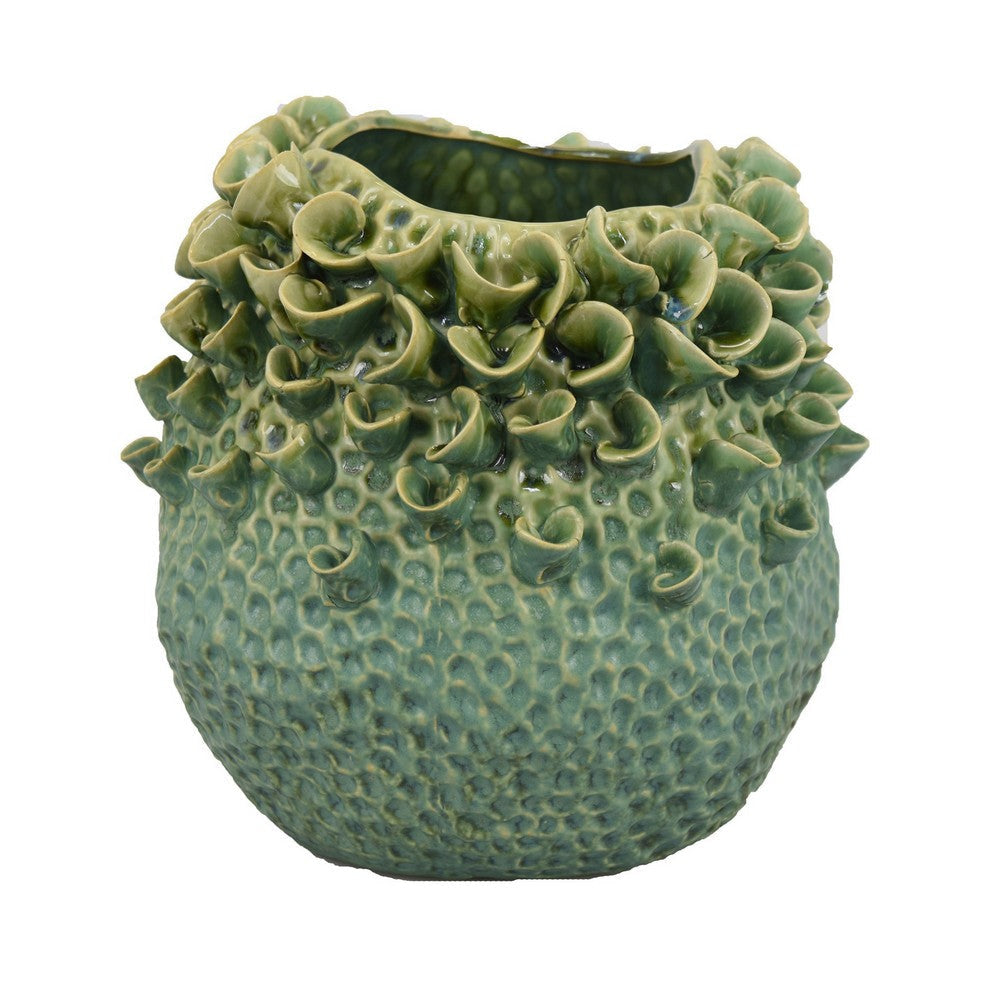 Nina Vase, Green Ceramic, Textured Accents, Abstract Floral 11 Inch