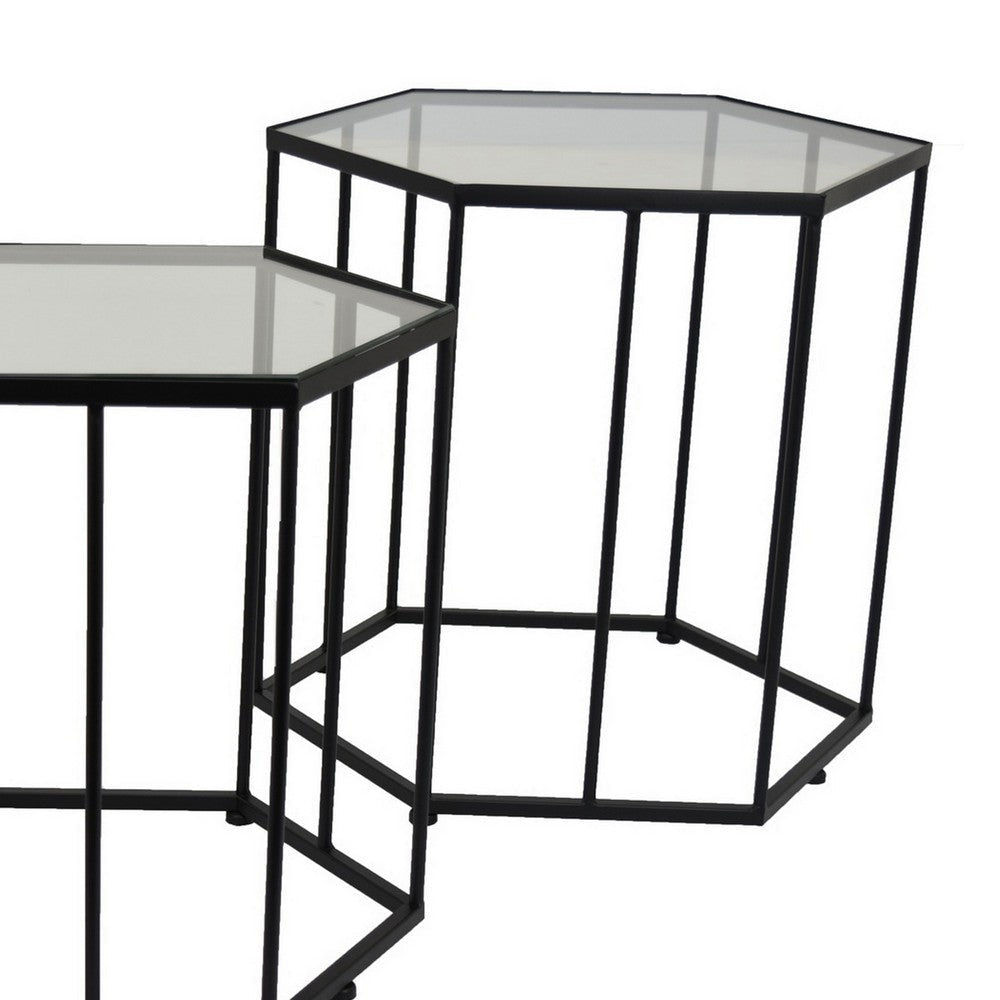 Kellie Plant Stand Table Set of 3 Black Metal Hexagon Glass Tops BM331065