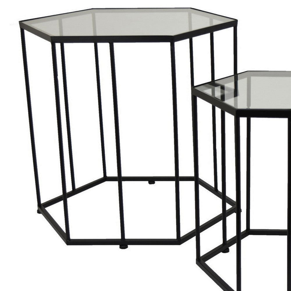Kellie Plant Stand Table Set of 3 Black Metal Hexagon Glass Tops BM331065