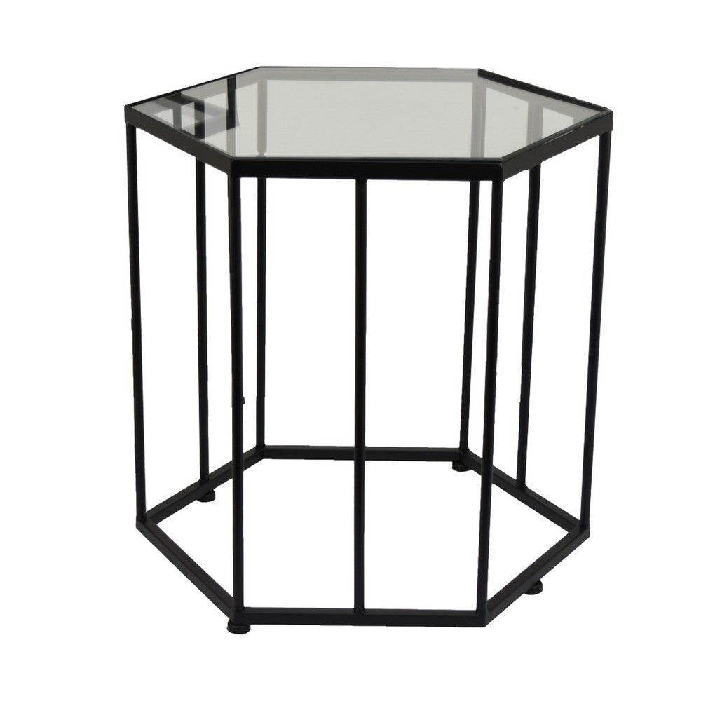 Kellie Plant Stand Table Set of 3 Black Metal Hexagon Glass Tops BM331065
