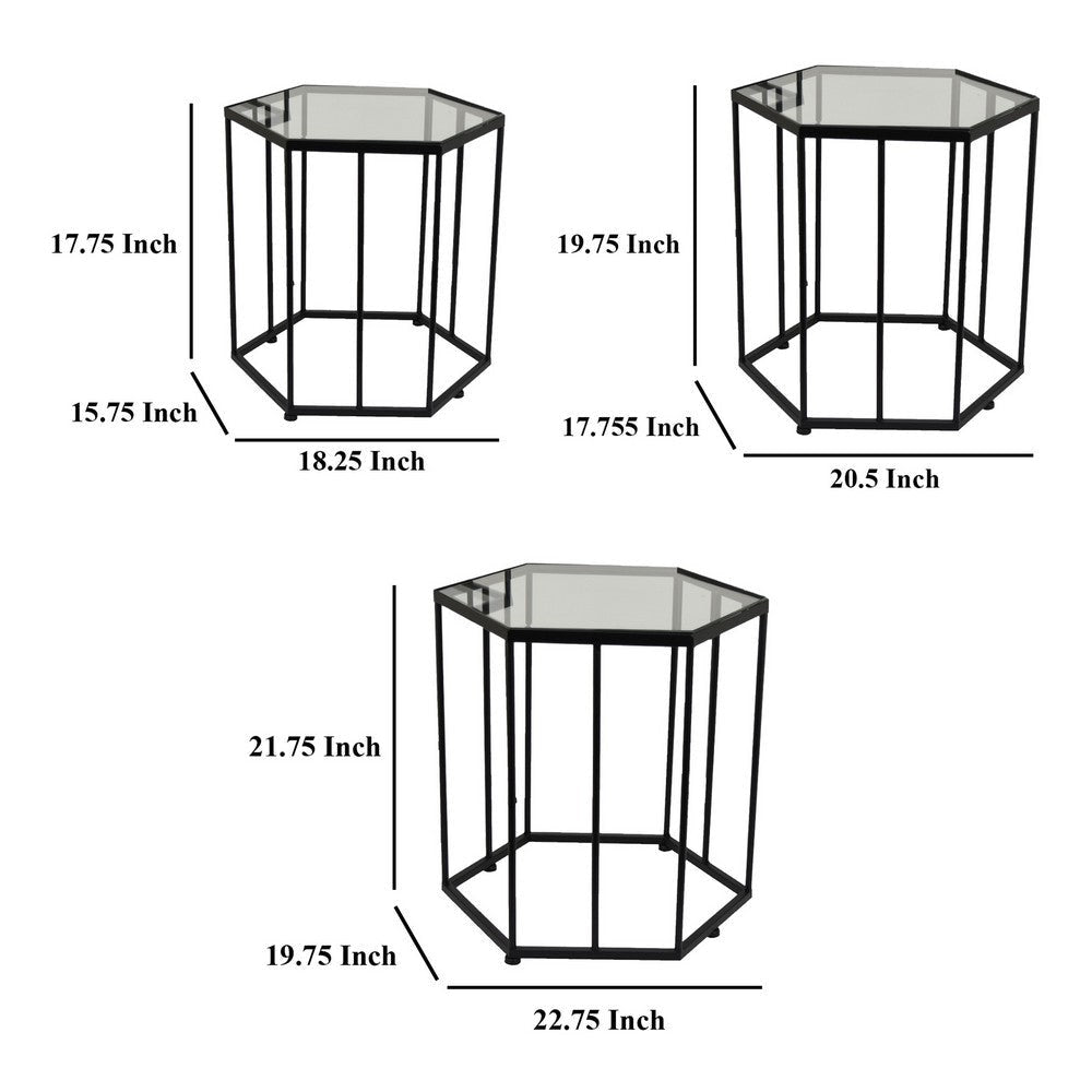 Kellie Plant Stand Table Set of 3 Black Metal Hexagon Glass Tops BM331065