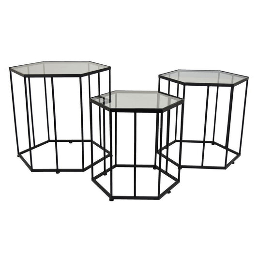 Kellie Plant Stand Table Set of 3, Black Metal, Hexagon Glass Tops