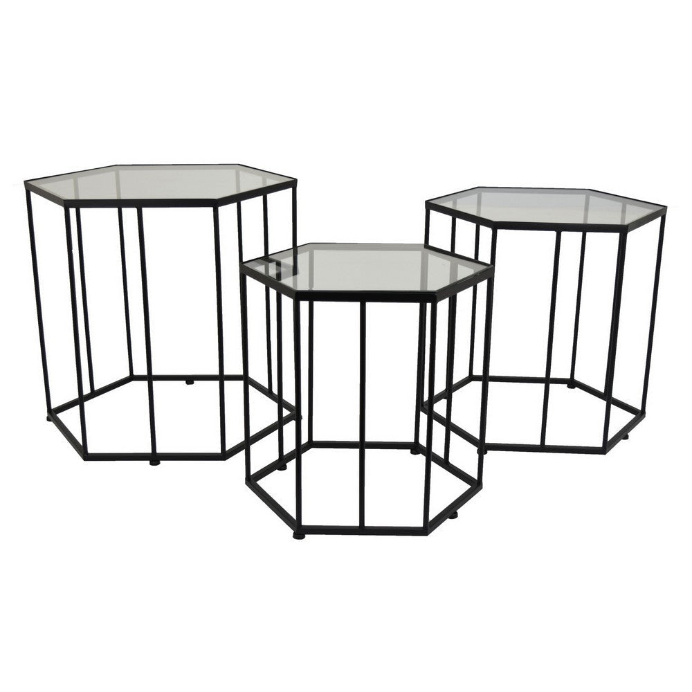 Kellie Plant Stand Table Set of 3, Black Metal, Hexagon Glass Tops