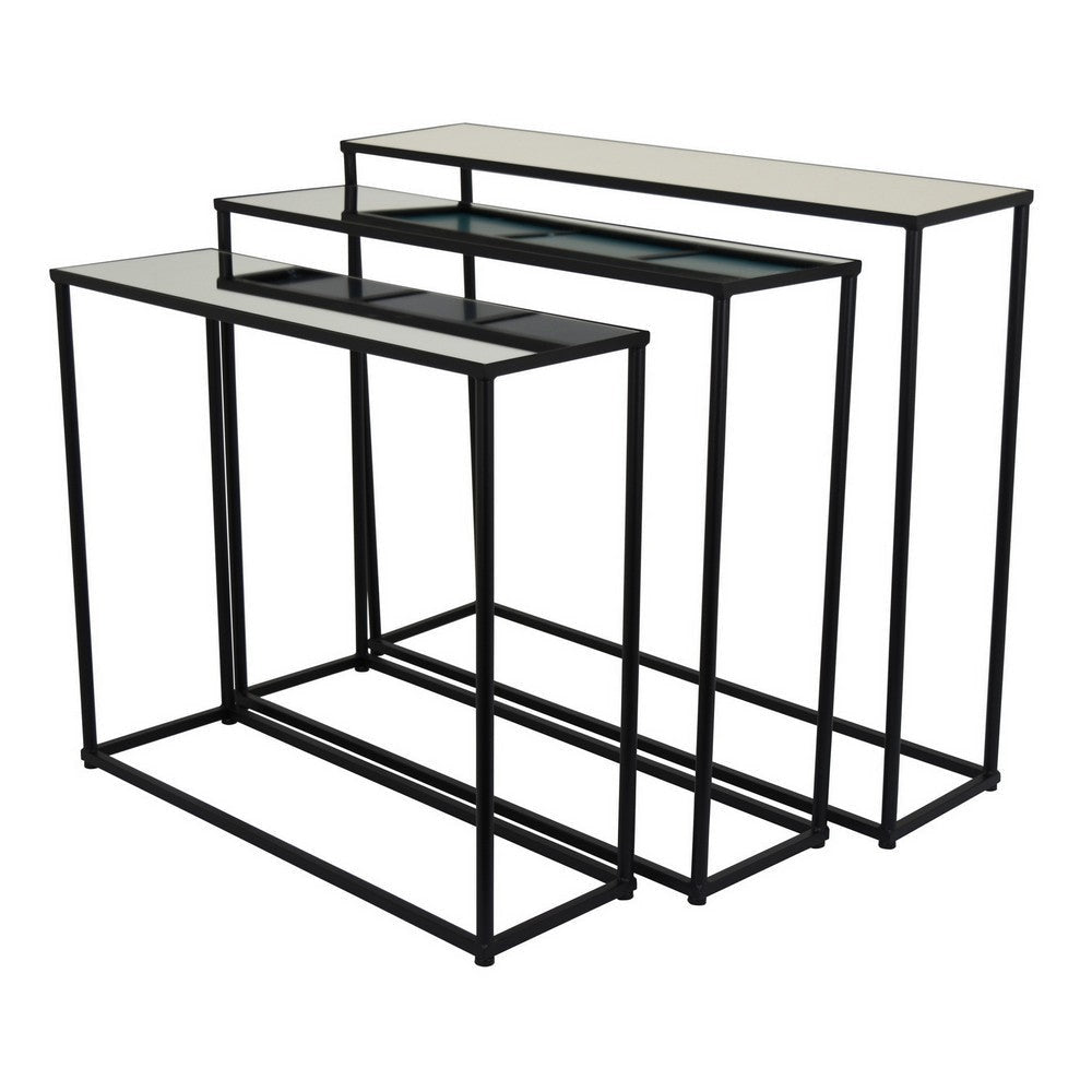 Kellie Nesting Plant Stand Table Set of 3, Black Metal, Glass Tops