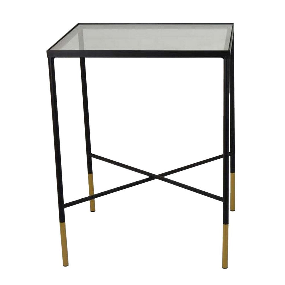 Kellie Plant Stand Table Set of 2 Black Metal with Clear Glass Tops BM331068