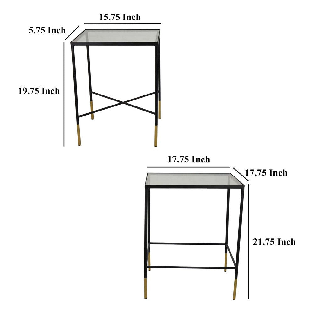 Kellie Plant Stand Table Set of 2 Black Metal with Clear Glass Tops BM331068