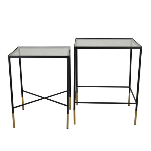 Kellie Plant Stand Table Set of 2, Black Metal with Clear Glass Tops