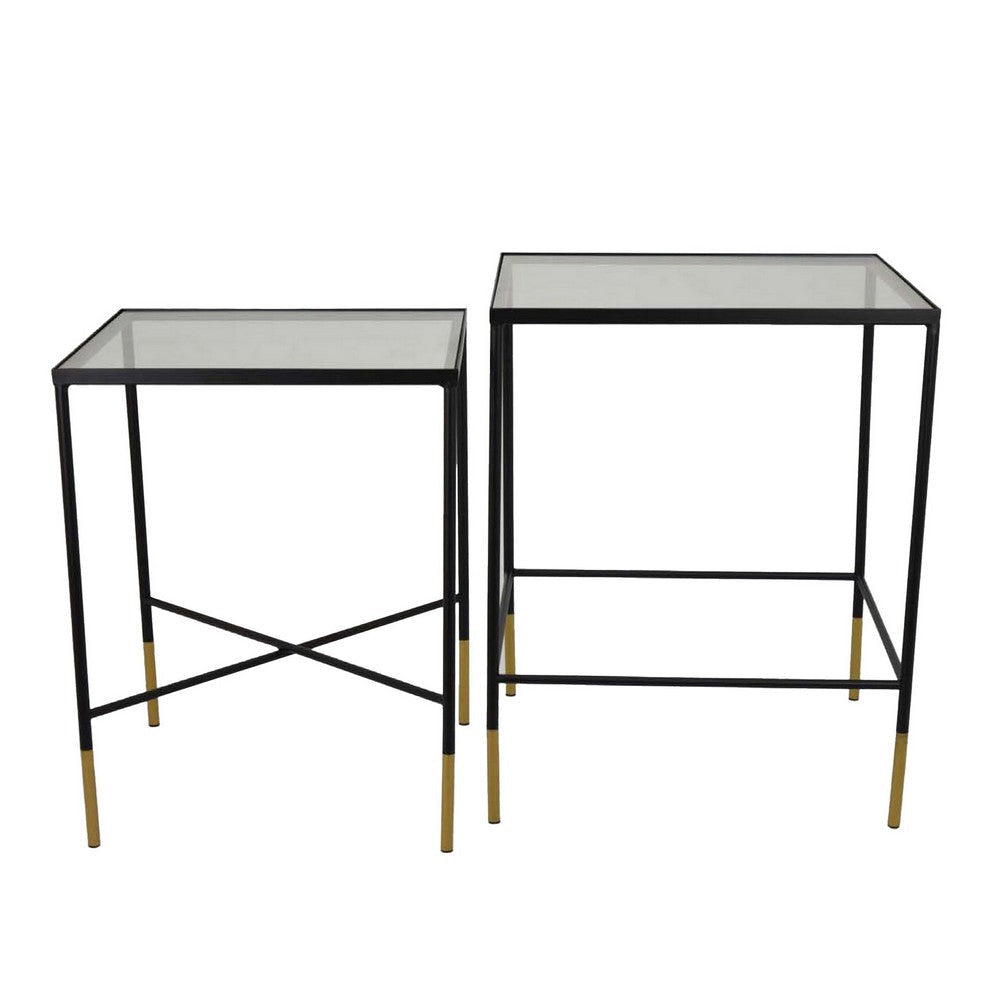 Kellie Plant Stand Table Set of 2, Black Metal with Clear Glass Tops