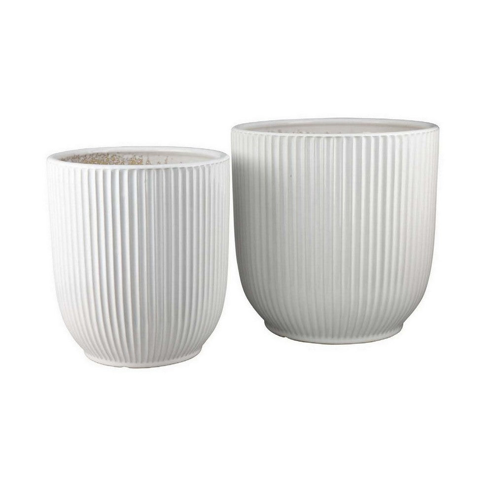 Lyna Accent Planter Set of 2, White Ceramic, Vertical Ribbed Texture