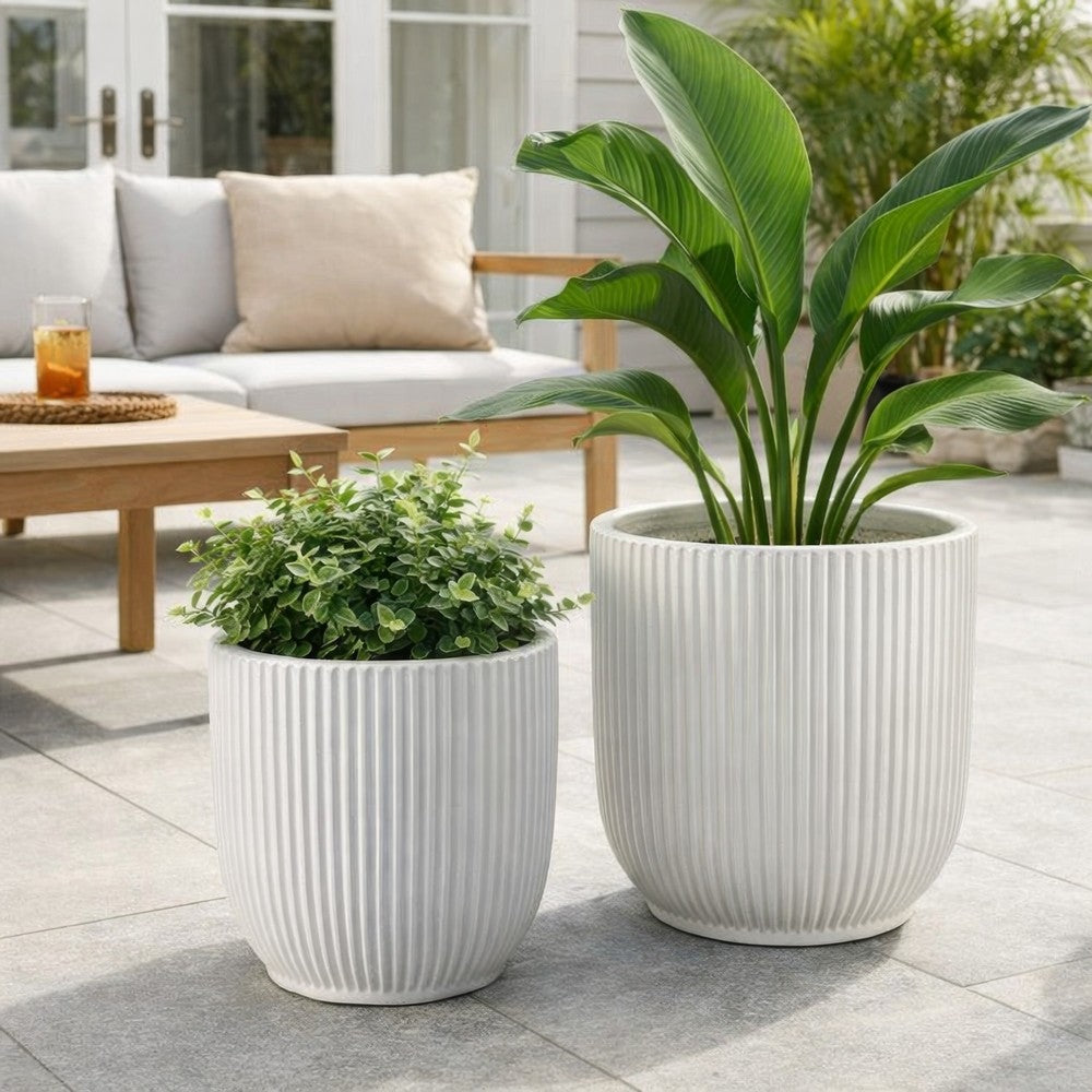 Lyna Accent Planter Set of 2, White Ceramic, Vertical Ribbed Texture